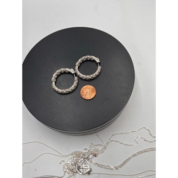 SD Signed Sterling Silver CZ In & Out Huggie Hinged Hoop Round Earrings - Picture 12 of 14